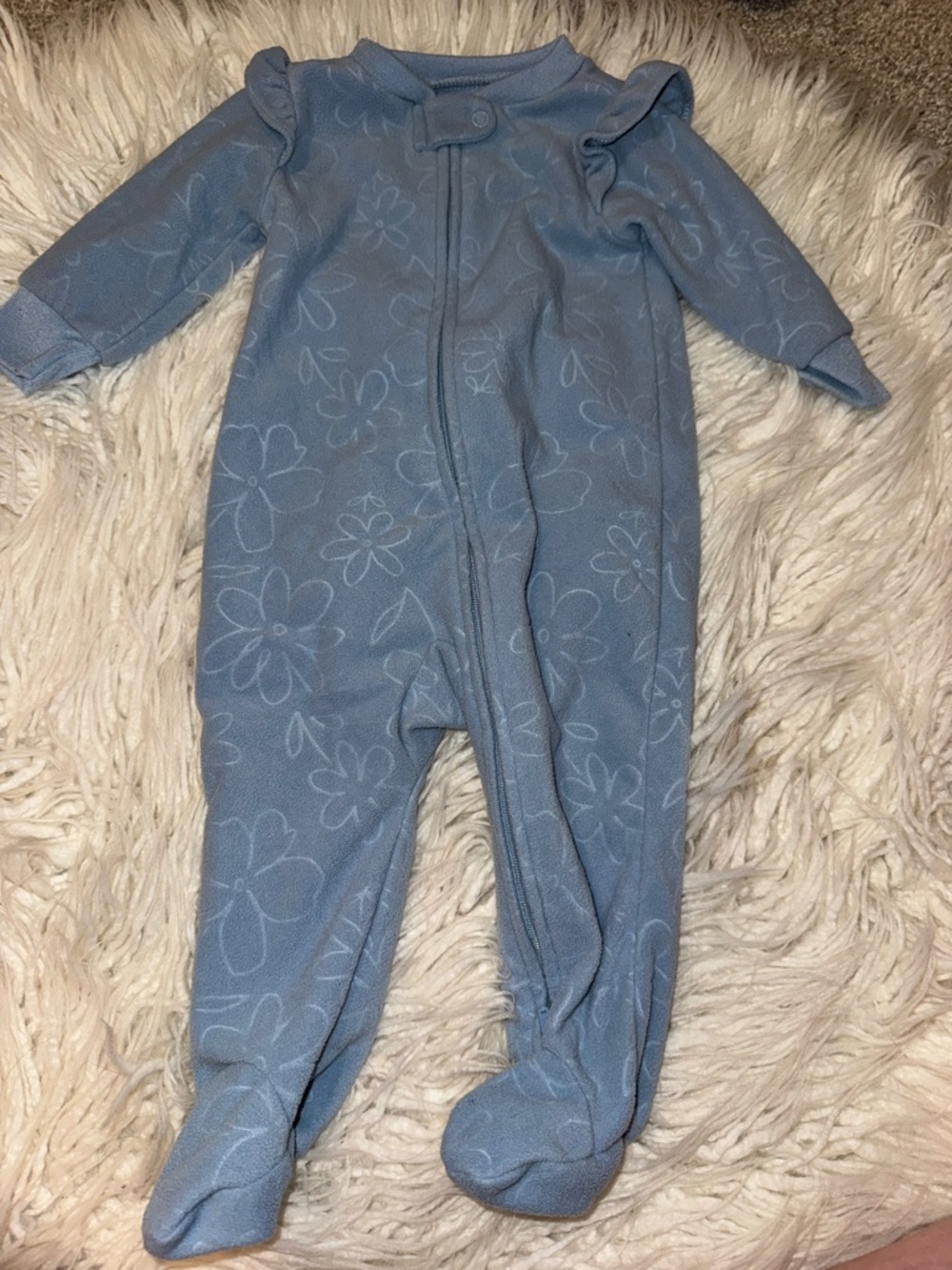 Carter's Light Blue Fleece Floral Zip-Front Footed One-Piece